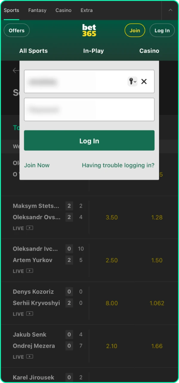 Enter your details that are required to log in to your account on the Bet365 website.