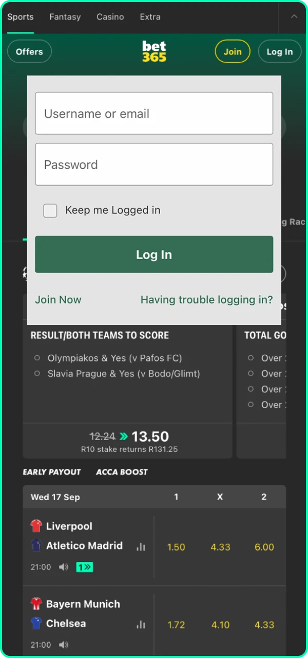 To make a quick deposit you will need to log in to your account on the Bet365 website.