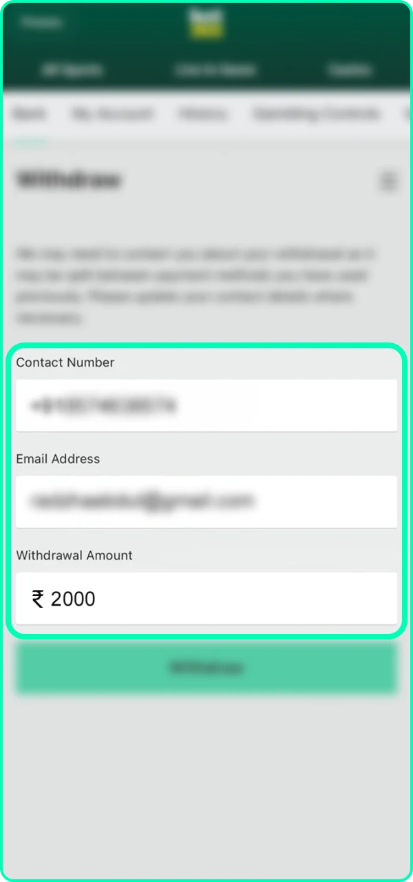 Take care when completing the form to withdraw your funds on the Bet365 platform.