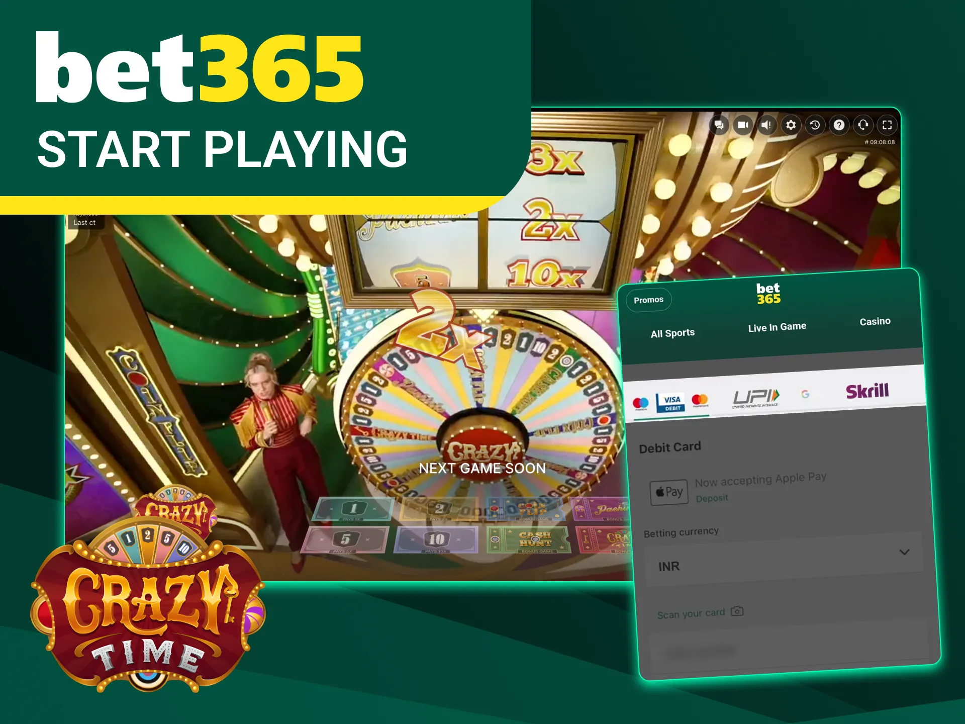Register at Bet365 online casino to gain access to the Crazy Time game.
